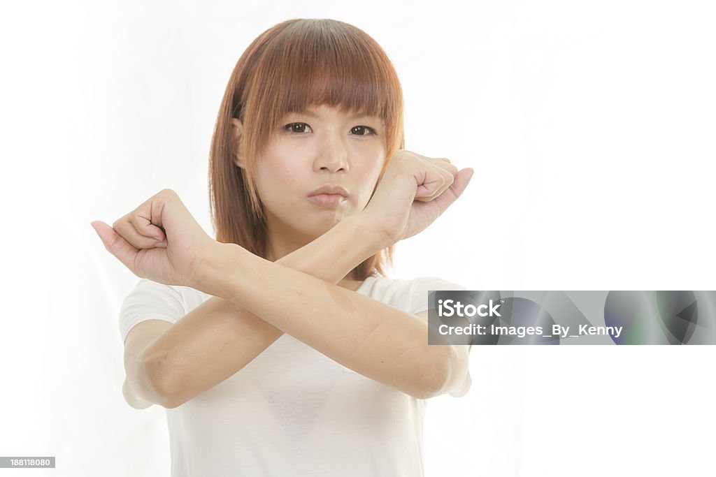 bright picture of young Asian woman making stop gesture Young Asian woman making stop gesture over white background Adult Stock Photo