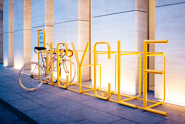 Bicycle parking near shopping mall stock photo