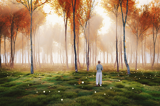 Woman standing in fantasy forest. 3D generated image.