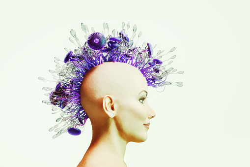 Abstract surreal hairstyle. 3D generated image.