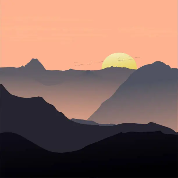 Vector illustration of landscape of mountains in the evening