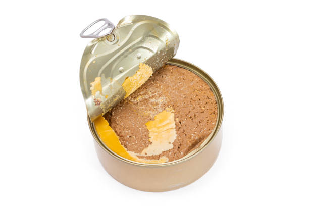istock Opened Tin Can with Chicken Liver Pate Isolated on White Background 1881254265
