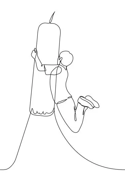 Vector illustration of man procrastinates while hanging on a punching bag - one line drawing. the boxer does not want to train, the beginner is tired of training