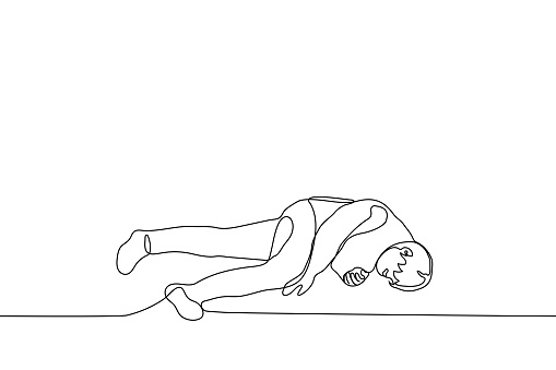 man lies on the floor - one line drawing vector. concept of loss of consciousness, intoxication, depression or death