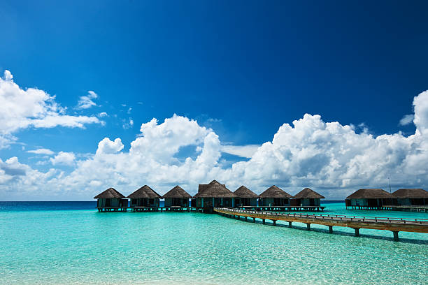 istock Beautiful beach with water bungalows 188127942