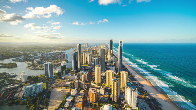 Time lapse of Gold Coast Skyline and luxury buildings cityscape and Hotel and Apartment sea beach of the Gold Coast, Queensland, Australia