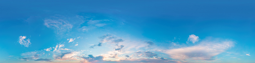 Dark blue sunset sky panorama with pink Cumulus clouds. Seamless hdr 360 pano in spherical equirectangular format. Full zenith for 3D visualization, game, sky replacement for aerial drone panoramas