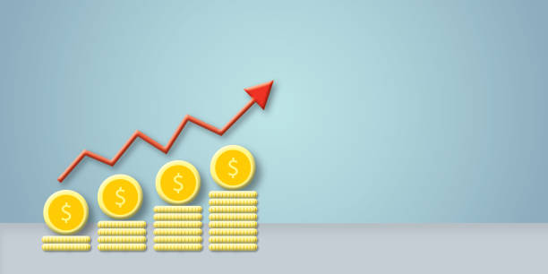 istock Red arrow up with coins on light wall background. Concept for money saving or accumulating. 1881318471