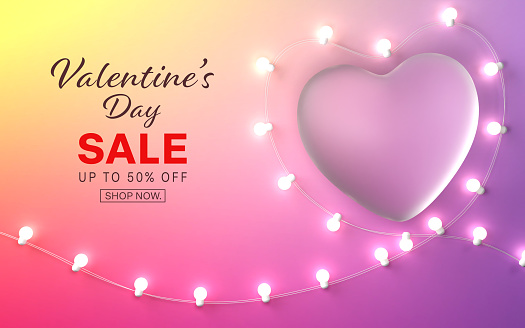 Valentine's day sale banner with 3D glass hearts, decorative with lights.