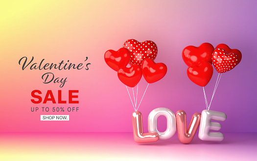 Valentine's day banner with 3D hearts balloon and love lettering text.