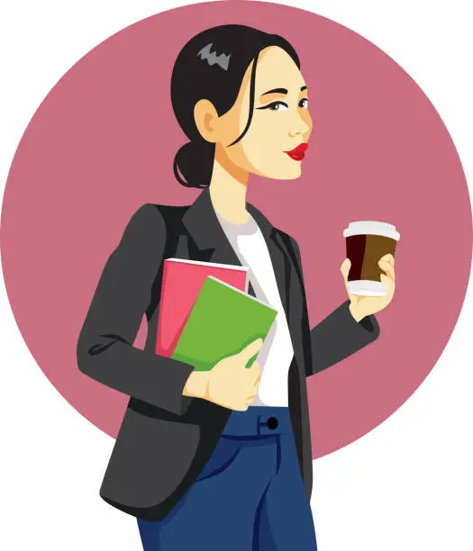 Vector illustration of Businesswoman Multitasking Holding Books and Coffee Vector Illustration