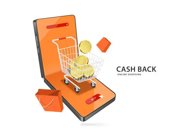 Vector illustration of gold coins or money coins in shopping cart or basket and all place on foldable smartphone store and orange shopping bag floating around in air