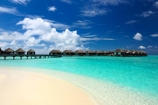 istock Beautiful beach with water bungalows 188138040