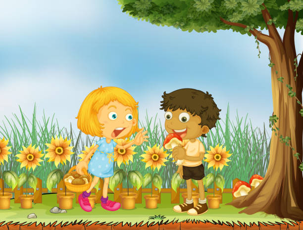 girl stopping boy from eating mushroom girl stopping a boy from eating a mushroom sunflower vine stock illustrations