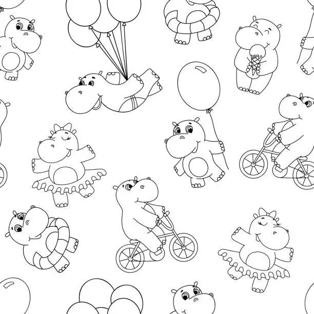 Vector illustration of Seamless vector pattern with cute little line hippo. Outline illustrations. Funny cartoon baby hippopotamus by bike, with balloon and ice cream on white background