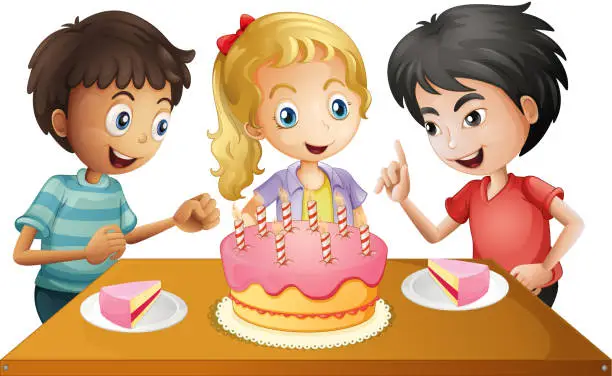 Vector illustration of table with cake surrounded by three kids