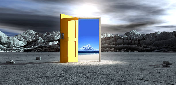 istock Barren Lanscape With Open Yellow Door 188140832