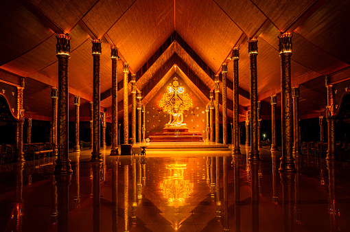 Thailand temple Phu Prao Temple or Sirindhorn Wararam,  temple with beautiful lights that glow at night in Ubon Ratchathani Province, Northeastern region Thailand.