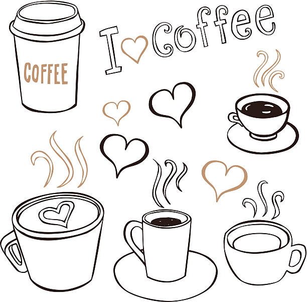Various images representing the love of coffee Collection of hand-drawn pictures of coffee cups. coffee cup illustrations stock illustrations