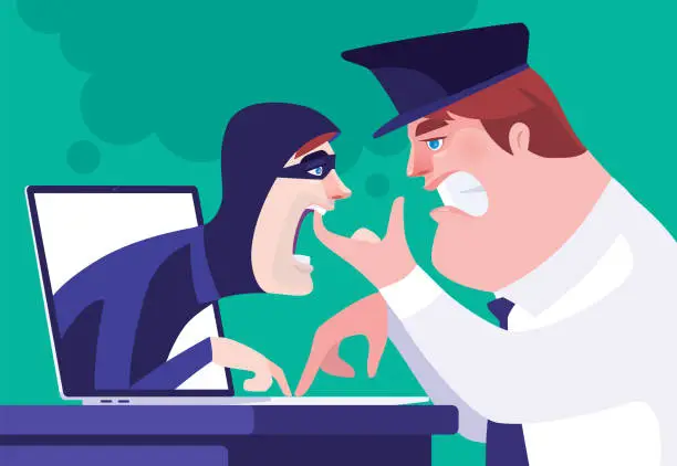 Vector illustration of security guard catching hacker on laptop