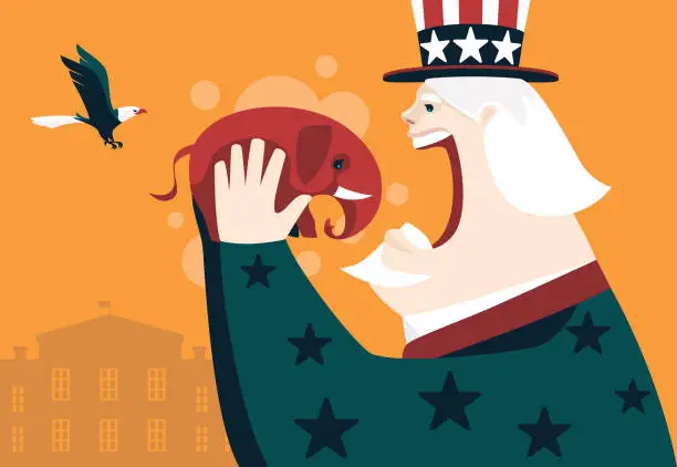 Vector illustration of Uncle Sam going to eat red elephant