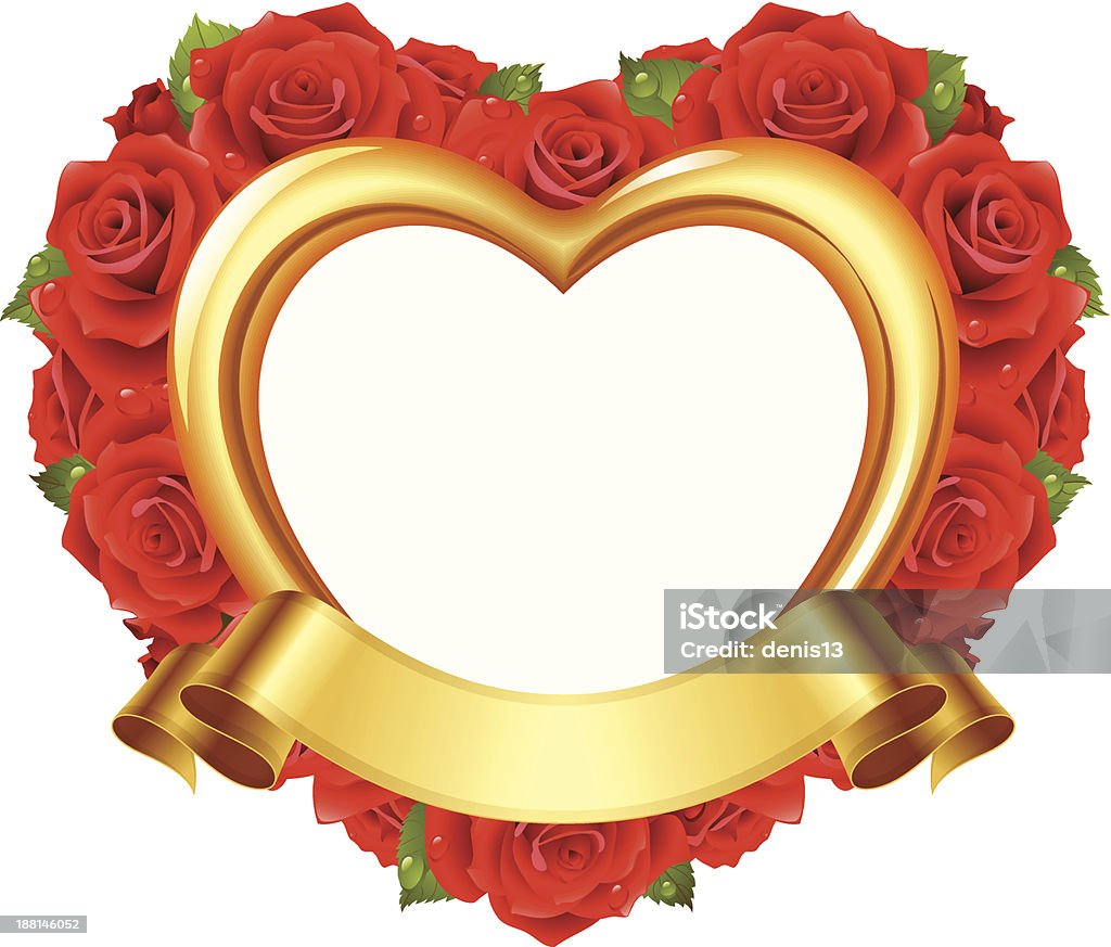 Vector frame with red roses and golden ribbon Vector frame in the shape of heart with red roses and golden ribbon. Valentine's day or Wedding greeting card Border - Frame stock vector