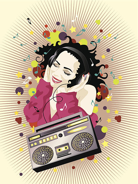 Menina Ouvindo a música em boombox. - ilustração de arte vetorial