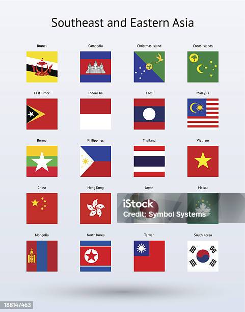 Юговосточной И Юговосточной Азии Площадь Флаги Коллекция — стоковая векторная графика и другие изображения на тему Без людей
