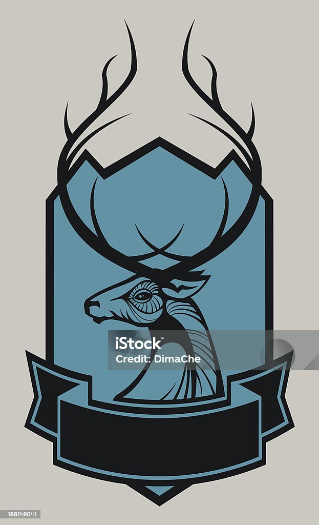 Emblem with deer head Emblem with deer head, mountains and banner. Grey background on separate layer. High resolution PNG file (without gray background)  is also added. Moose stock vector