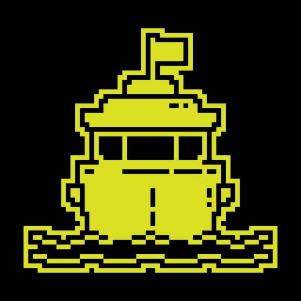ピクセルシルエットアイコン。世界一周の遠洋航海のためのクルーズ船。海のレクリエーションのための多デッキはさみ金。分離された単純な黒と黄色のベクトル - memphis tennessee audio点のイラスト素材／クリップアート素材／マンガ素材／アイコン素材
