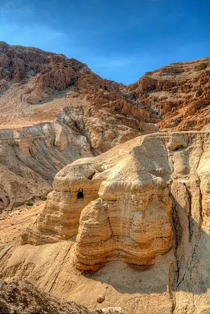 Qumran cave 4, one of the caves in which the Dead Sea scrolls were found at the ruins of Khirbet Qumran in the desert of Israel.