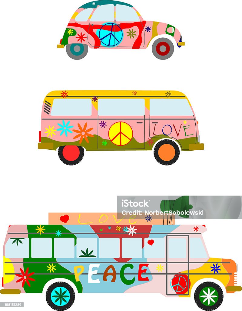 Hippie cars. Colorful hippie car silhouette set on a white background. Hippie stock vector