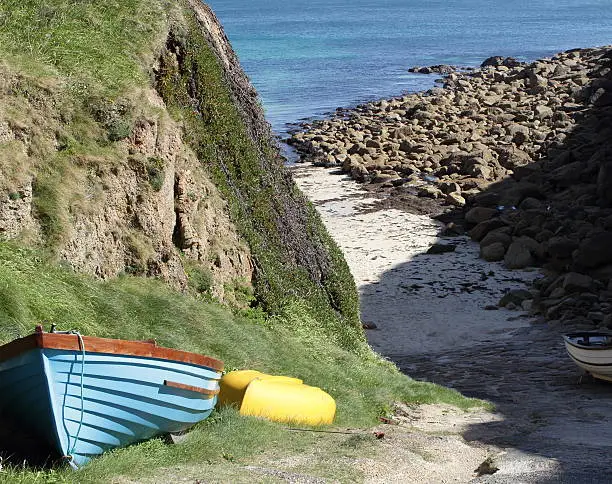 Boats on causeway of Porthgwarra, Cornwall, UK