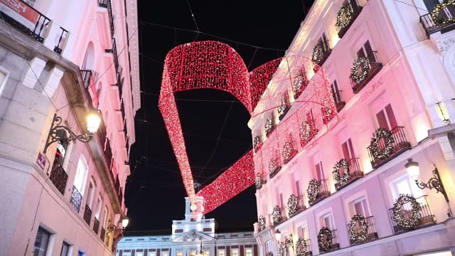 Christmas lighting on Preciados street in the center of Madrid, HD 1080, 30 fps, Gimbal