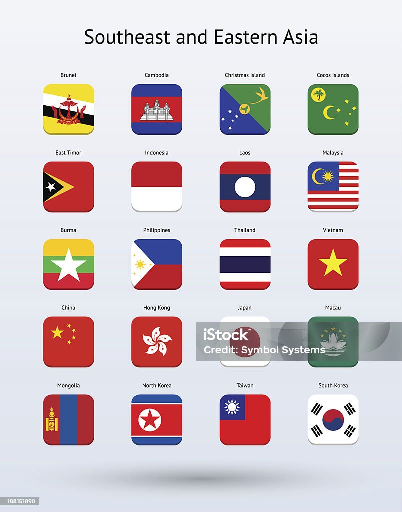 Sudeste da Ásia Oriental e coleção de ícones de Bandeiras quadradas - Royalty-free Bandeira arte vetorial