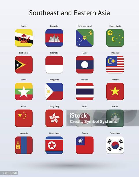 Sudeste Da Ásia Oriental E Coleção De Ícones De Bandeiras Quadradas - Arte vetorial de stock e mais imagens de Bandeira