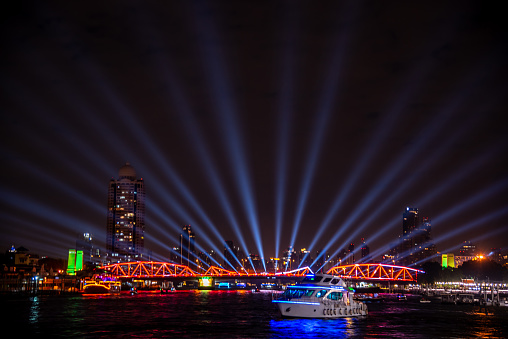 ‘Vijit Chao Phraya’ lighting extravaganza opens in Bangkok to great fanfare at Phra Phuttha Yodfa Bridge (Memorial Bridge). Illumination and light shows along the Chao Phraya River. Public event.