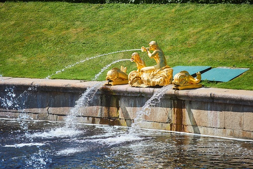 Peterfof, Russia - May 29, 2021: Fountains in the park in front of the Grand Peterhof Palace. Architecture and sculpture of the 18th century