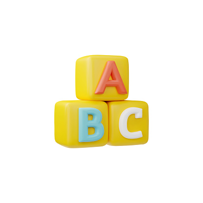 ABC blocks, cute children toys, volume render 3d vector illustration isolated on white background. Multi-colored realistic objects for game. Alphabet cubes, rendering isometric icon for kids design.