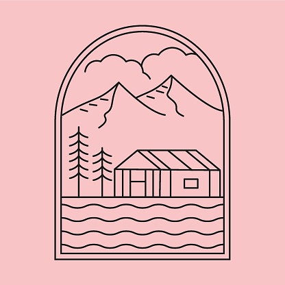 cottage house and river line art vector symbol illustration design, outdoor badge design