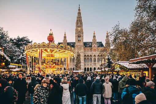 Illuminated carousel on town square in front of Vienna Town Hall at time of the Christmas market named Wiener Christkindlmarkt