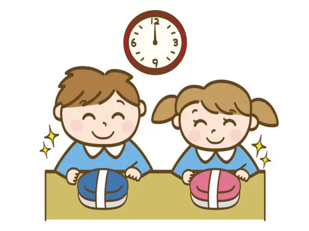 Vector illustration of Boys and girls looking forward to their lunch boxes_Siblings of nursery school children