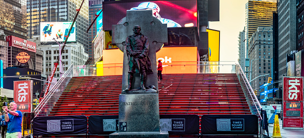 New York, USA; June 1, 2023: The red stairs of Times Square, at the intersection of Broadway and Seventh Avenue in the Big Apple in Manhattan.