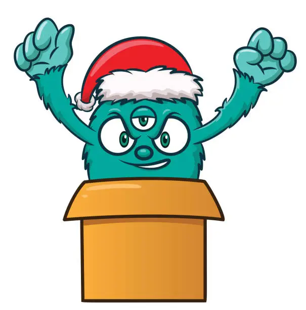 Vector illustration of Christmas monster in present box cartoon