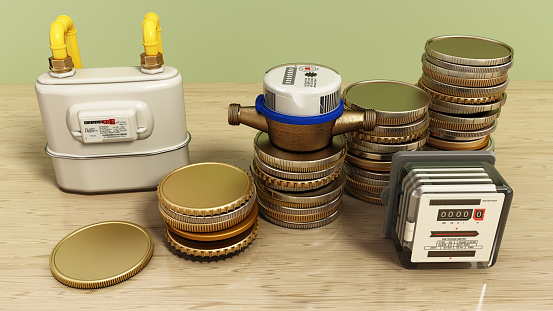 Gas, water and electric meters with rising heaps of gold coins. Conceptual 3D illustration about energy costs at home.