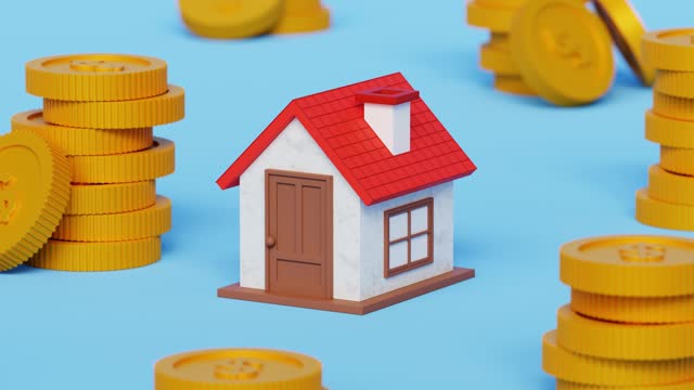 Earning and saving money for house. Future property investments. Mortgage and loan for real estate. 3D house with golden coins stacks. 4k 3d animation