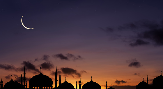 Islamic Background, Silhouette Mosques Dome,Crescent Moon on Dusk Sky Twilight,Landscape Sunset Sky,Symbols for Islamic religion on Ramadan Kareem,Eid Al Fitr,Eid Al Adha,Eid Mubarak,Muharram,Mawlid