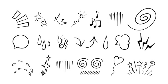 Anime manga comic emoticon element graphic effects hand drawn doodle vector illustration set isolated on white background. Cartoon style manga doodle line expression scribble anime mark collection.
