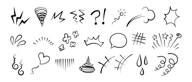 Manga or anime comic emoticon element graphic effects hand drawn doodle vector illustration set Manga or anime comic emoticon element graphic effects hand drawn doodle vector illustration set isolated on white background. Cartoon style manga doodle line expression scribble anime mark collection. comic book outline stock illustrations