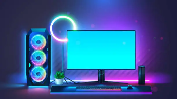 Vector illustration of Powerful PC or gaming desktop computer. Gaming computer on table front view. Gaming desktop computer with neon led light of PC. Mock up of empty screen of gaming computer for video games. Workplace.